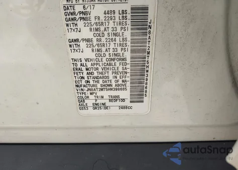 2017 Nissan Rogue Sv z USA, uszkodzony, nr VIN JN8AT2MT5HW398685